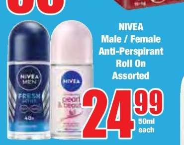 NIVEA Male / Female Anti-Perspirant Roll On Assorted