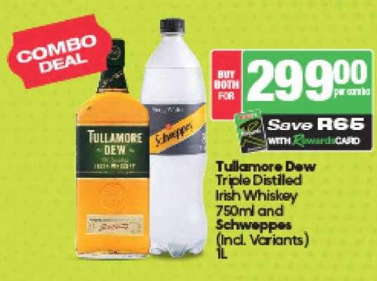 Tullamore Dew Triple Distilled Irish Whiskey 750ml and Schweppes (Incl. Variants) 1L