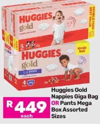 Huggies Gold Nappies Giga Bag Or Pants Mega Box Assorted Sizes-Each