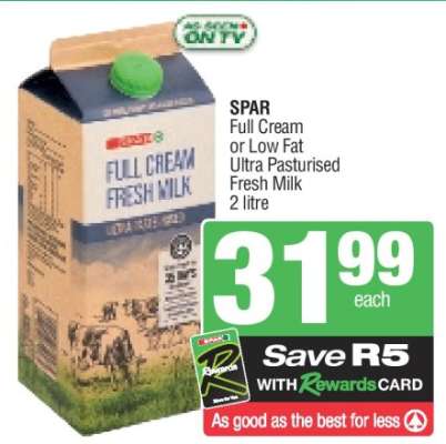 SPAR Full Cream or Low Fat Ultra Pasturised Fresh Milk