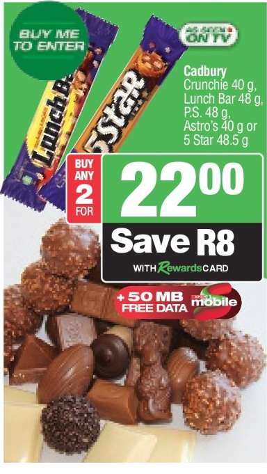 Cadbury Crunchie 40 g, Lunch Bar 48 g, P.S. 48 g, Astro's 40 g or 5 Star 48.5 g