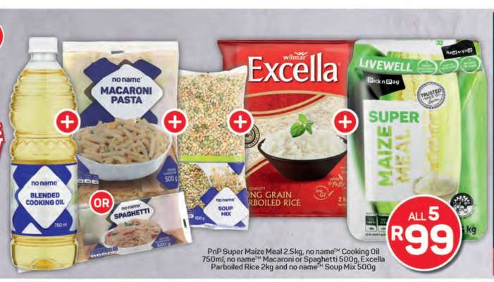 PnP Super Maize Meal, Cooking Oil, Macaroni or Spaghetti, Excella Parboiled Rice, Soup Mix