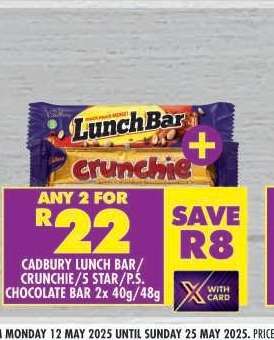 CADBURY LUNCH BAR/CRUNCHIE/5 STAR/P.S. CHOCOLATE BAR 2x 40g/48g