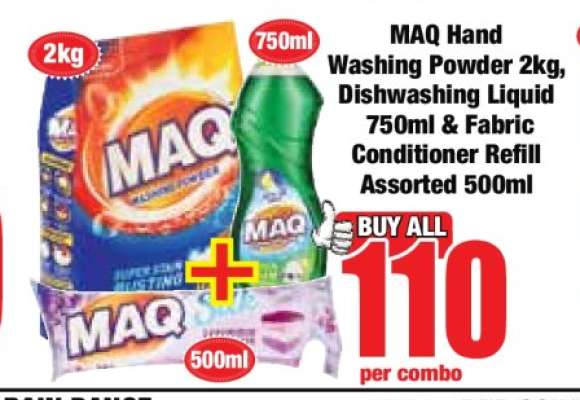 MAQ Hand Washing Powder 2kg, Dishwashing Liquid 750ml & Fabric Conditioner Refill Assorted 500ml