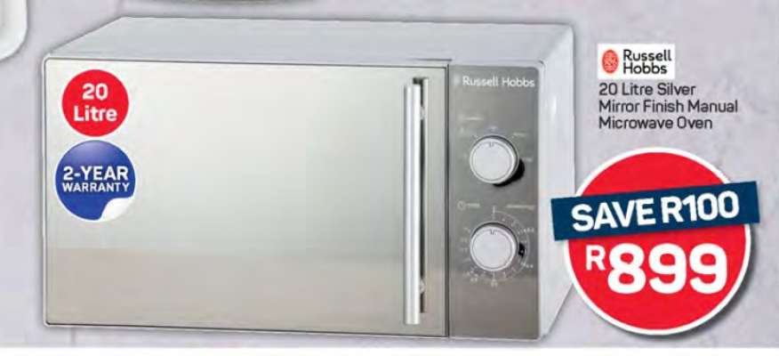 Russell Hobbs 20 Litre Silver Mirror Finish Manual Microwave Oven