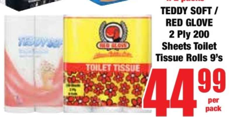 TEDDY SOFT / RED GLOVE 2 Ply 200 Sheets Toilet Tissue Rolls 9's