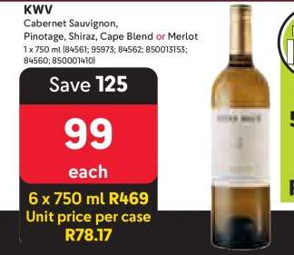 KWV Cabernet Sauvignon, Pinotage, Shiraz, Cape Blend or Merlot
