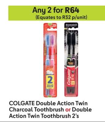 COLGATE Double Action Twin Charcoal Toothbrush or Double Action Twin Toothbrush 2’s