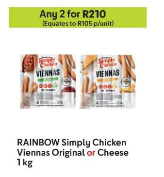 RAINBOW Simply Chicken Viennas Original or Cheese 1 kg