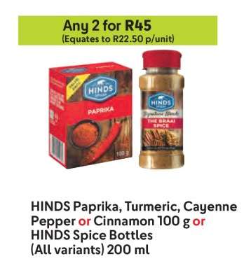 HINDS Paprika, Turmeric, Cayenne Pepper or Cinnamon 100 g or HINDS Spice Bottles (All variants) 200 ml