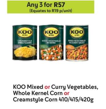 KOO Mixed or Curry Vegetables, Whole Kernel Corn or Creamstyle Corn 410/415/420g
