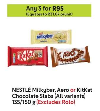 NESTLÉ Milkybar, Aero or KitKat Chocolate Slabs