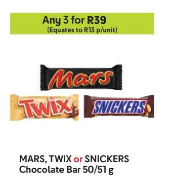 MARS, TWIX or SNICKERS Chocolate Bar 50/51 g