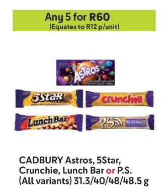 CADBURY Astros, 5Star, Crunchie, Lunch Bar or P.S.