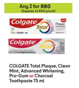 COLGATE Total Plaque, Clean Mint, Advanced Whitening, Pro-Gum or Charcoal Toothpaste 75 ml