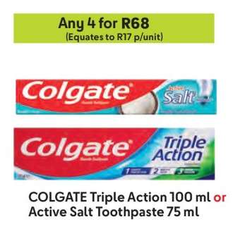 COLGATE Triple Action 100 ml or Active Salt Toothpaste 75 ml