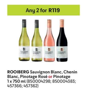 ROOIBERG Sauvignon Blanc, Chenin Blanc, Pinotage Rosé or Pinotage
