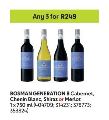 BOSMAN GENERATION 8 Cabernet, Chenin Blanc, Shiraz or Merlot