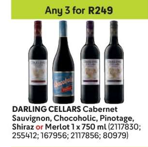 DARLING CELLARS Cabernet Sauvignon, Chocoholic, Pinotage, Shiraz or Merlot