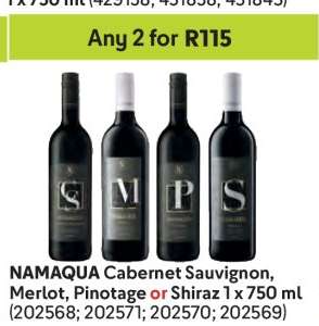 NAMAQUA Cabernet Sauvignon, Merlot, Pinotage or Shiraz