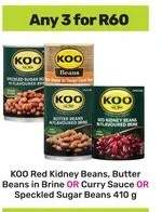 KOO Red Kidney Beans, Butter Beans in Brine OR Curry Sauce OR Speckled Sugar Beans 410 g