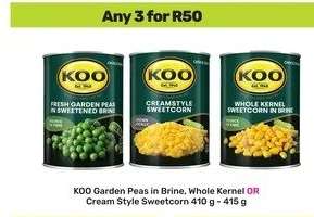 KOO Garden Peas in Brine, Whole Kernel OR Cream Style Sweetcorn