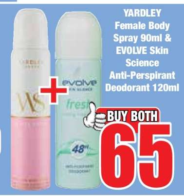 YARDLEY Female Body Spray 90ml & EVOLVE Skin Science Anti-Perspirant Deodorant 120ml