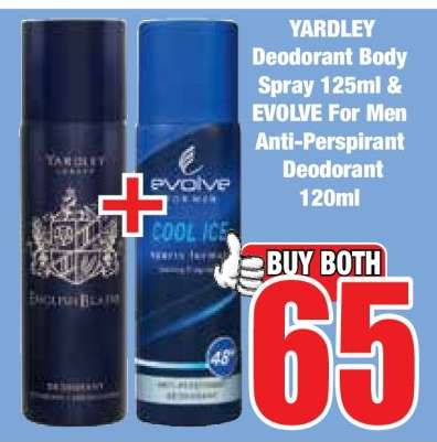 YARDLEY Deodorant Body Spray 125ml & EVOLVE For Men Anti-Perspirant Deodorant 120ml