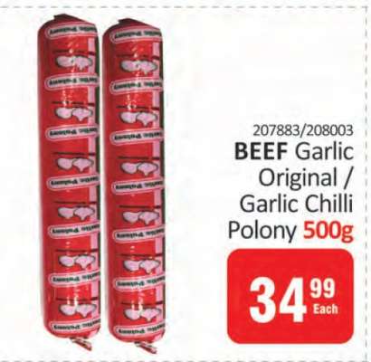 BEEF Garlic Original / Garlic Chilli Polony 500g