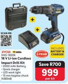 RYOBI XHD-1820K 18 V Li-ion Cordless Impact Drill Kit