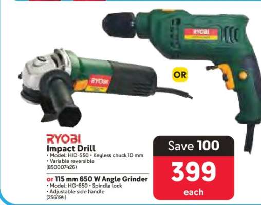 RYOBI Impact Drill or 115 mm 650 W Angle Grinder