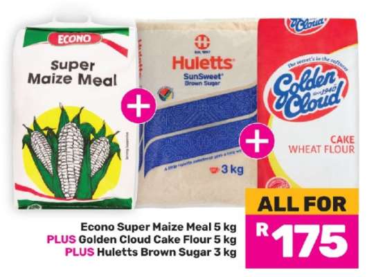 Econo Super Maize Meal 5 kg + Golden Cloud Cake Flour 5 kg + Huletts Brown Sugar 3 kg
