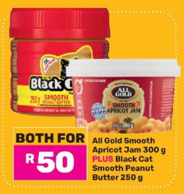 All Gold Smooth Apricot Jam 300 g PLUS Black Cat Smooth Peanut Butter 250 g