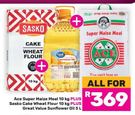 Ace Super Maize Meal 10 kg + Sasko Cake Wheat Flour 10 kg + Great Value Sunflower Oil 5 L