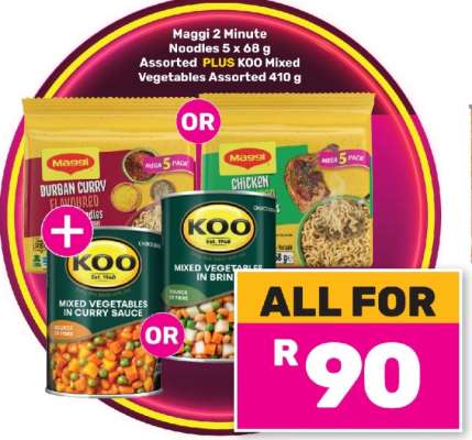 Maggi 2 Minute Noodles 5 x 68 g Assorted PLUS KOO Mixed Vegetables Assorted 410 g