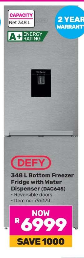 DEFY 348 L Bottom Freezer Fridge with Water Dispenser