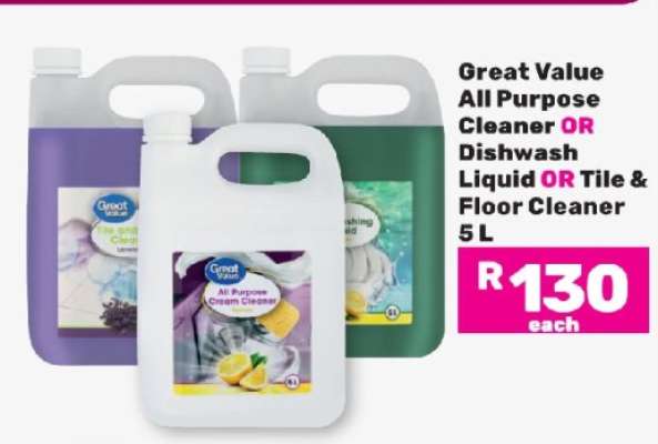 Great Value All Purpose Cleaner OR Dishwash Liquid OR Tile & Floor Cleaner 5 L