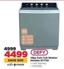 Defy 15Kg Twin Tub Washer Metallic DTT151