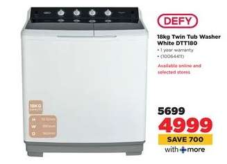 DEFY 18kg Twin Tub Washer White DTT180