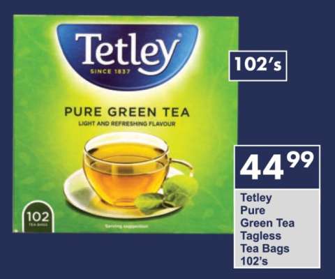 Tetley Pure Green Tea Tagless Tea Bags 102's