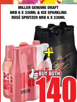 MILLER GENUINE DRAFT NRB 6 X 330ML & KIX SPARKLING ROSÉ SPRITZER NRB 6 X 330ML