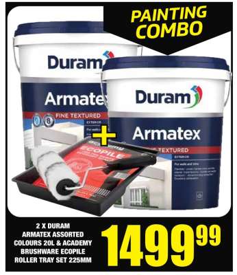 2 x Duram Armatex Assorted Colours 20L & Academy Brushware Ecopile Roller Tray Set 225mm