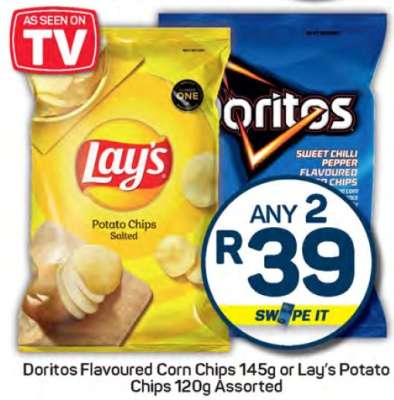 Doritos Flavoured Corn Chips 145g or Lay’s Potato Chips 120g Assorted