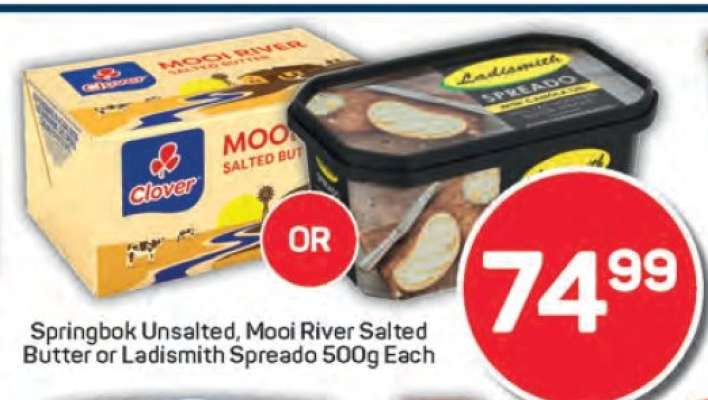 Springbok Unsalted, Mooi River Salted Butter or Ladismith Spreado 500g