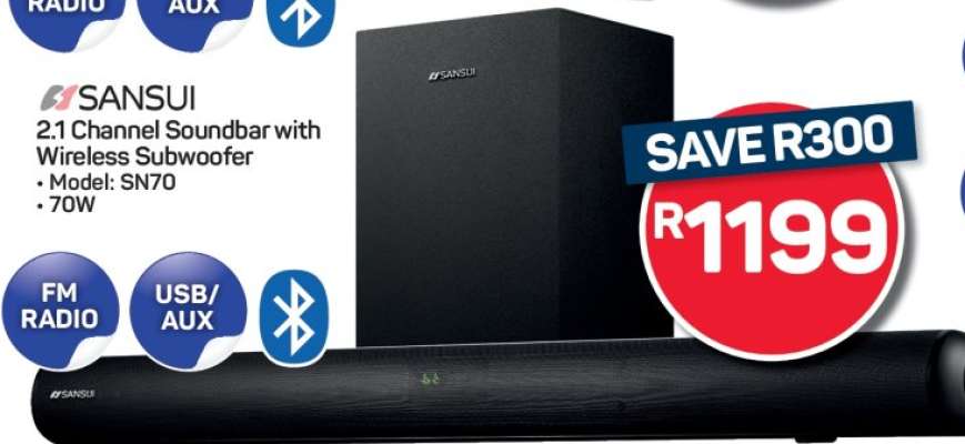 SANSUI 2.1 Channel Soundbar with Wireless Subwoofer
