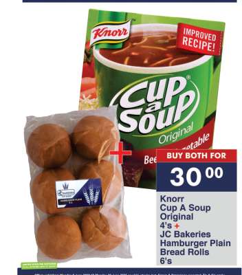 Knorr Cup A Soup Original 4's + JC Bakeries Hamburger Plain Bread Rolls 6's