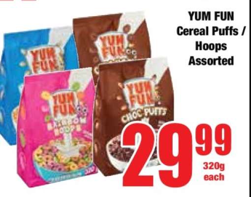 YUM FUN Cereal Puffs / Hoops Assorted