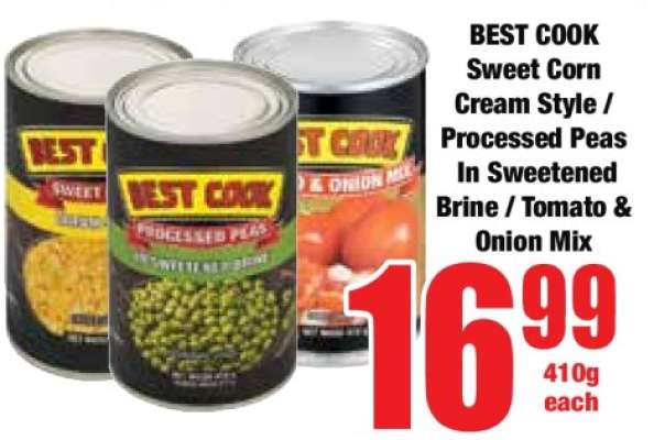 BEST COOK Sweet Corn Cream Style / Processed Peas In Sweetened Brine / Tomato & Onion Mix