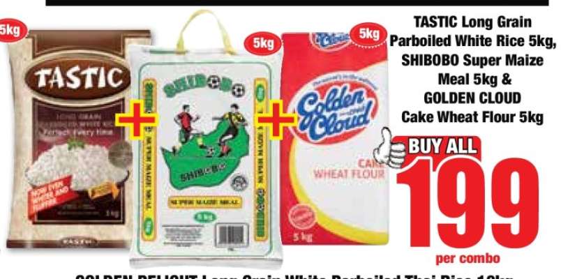 TASTIC Long Grain Parboiled White Rice 5kg, SHIBOBO Super Maize Meal 5kg & GOLDEN CLOUD Cake Wheat Flour 5kg