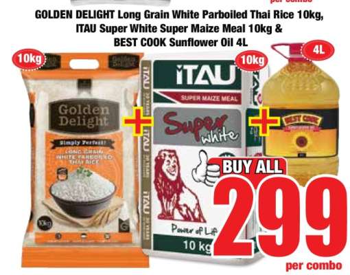 GOLDEN DELIGHT Long Grain White Parboiled Thai Rice 10kg, ITAU Super White Super Maize Meal 10kg & BEST COOK Sunflower Oil 4L